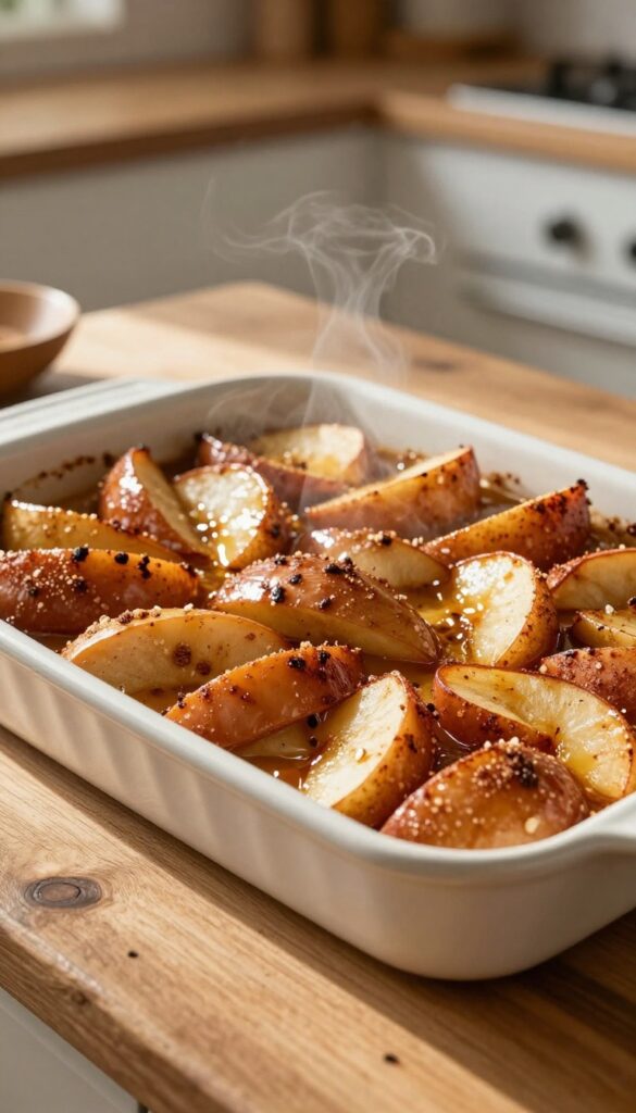 Warm baked cinnamon apple slices in a dish, no sugar dessert