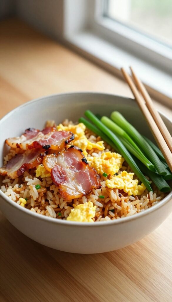 Bacon fried rice with eggs in a bowl on a wooden table