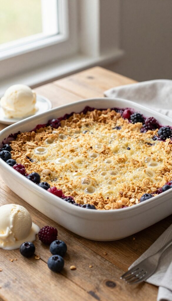 Berry crisp in a baking dish with melting vanilla ice cream on a wooden table