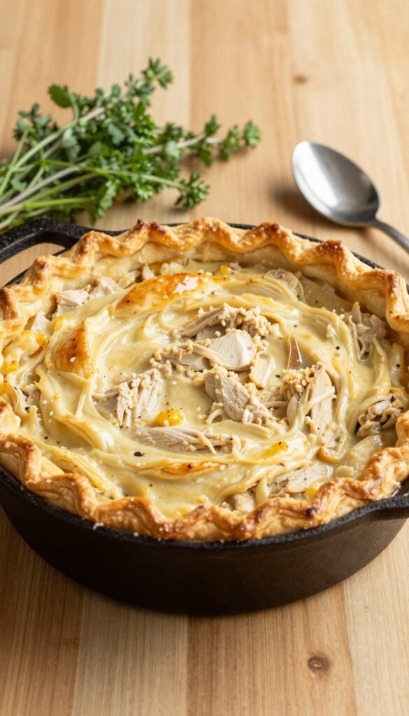 Chicken pot pie skillet with golden puff pastry topping
