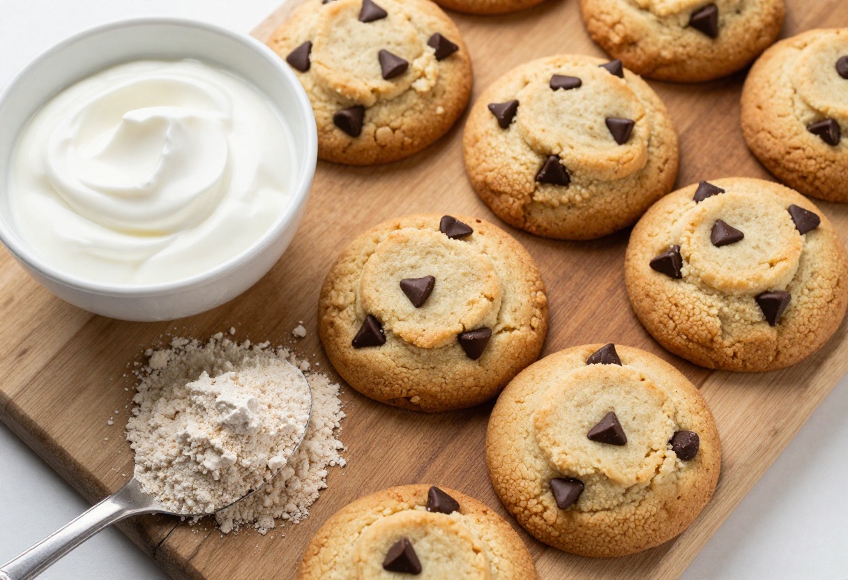 High-protein cookie dough yogurt cookies on a wooden board with ingredients nearby