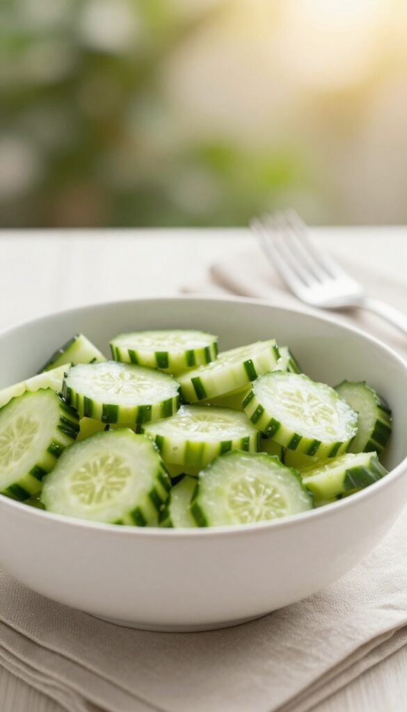 Cucumber salad with dill and onion served in a bowl with fork on a patio table