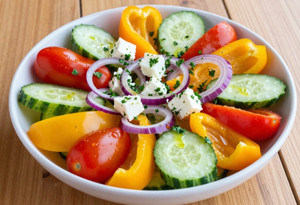 Bowl of tomato and pepper cucumber salad with feta and parsley on a wooden table