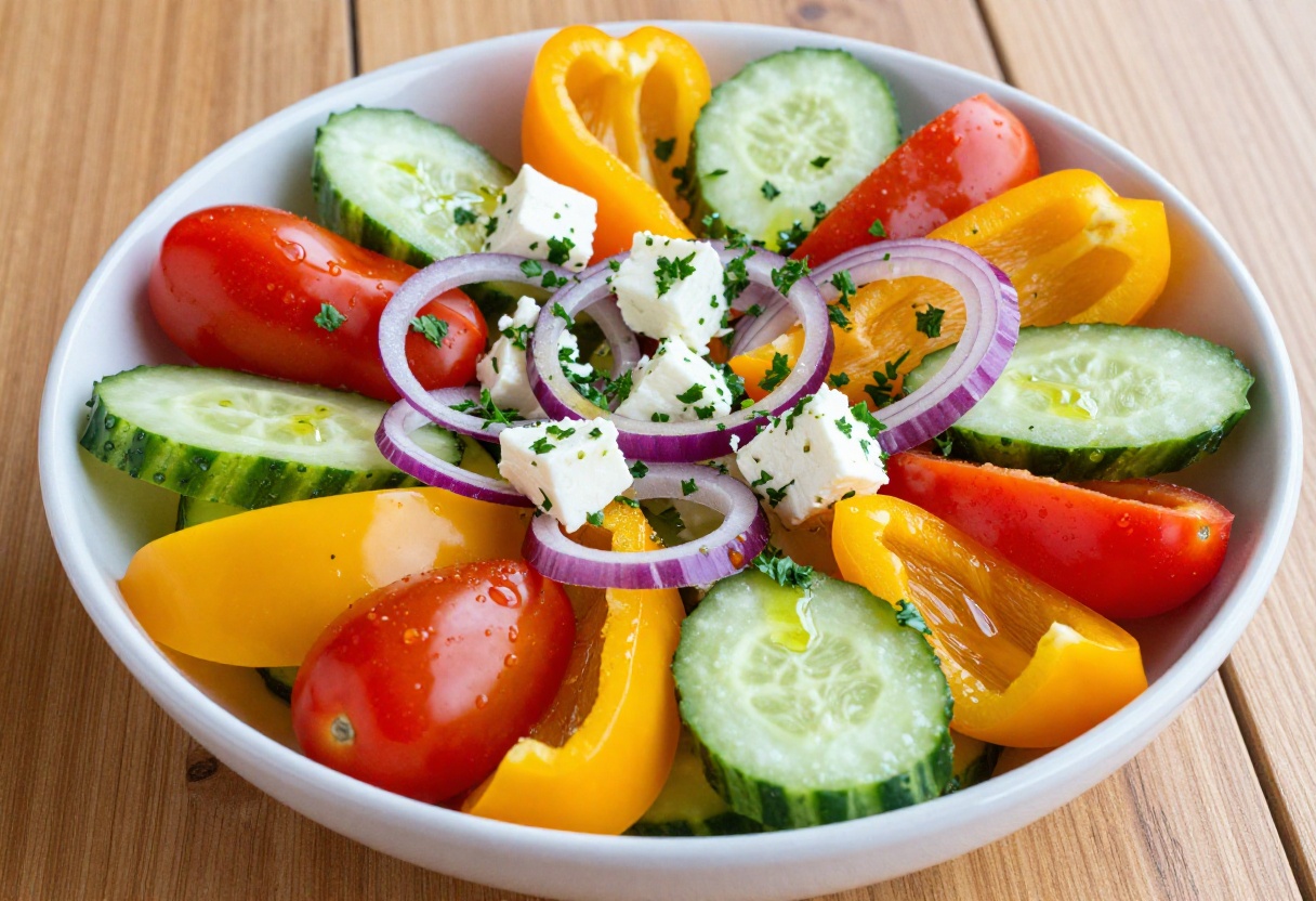 Bowl of tomato and pepper cucumber salad with feta and parsley on a wooden table