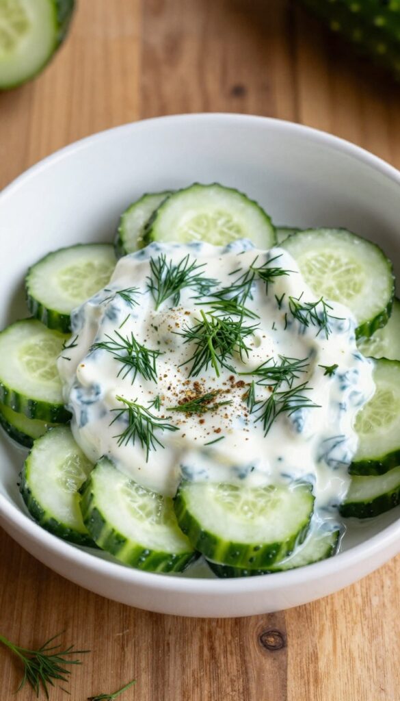 Creamy dill cucumber salad with yogurt, showcasing crisp cucumbers in a tangy dressing with fresh dill, served in a bowl on a wooden table.