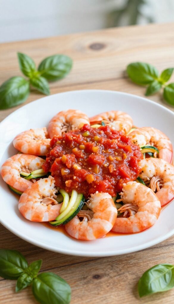 A close-up of a healthy shrimp and zucchini noodle dinner with garlic tomato sauce, served on a plate with fresh basil, showcasing a low-cholesterol meal in natural light.