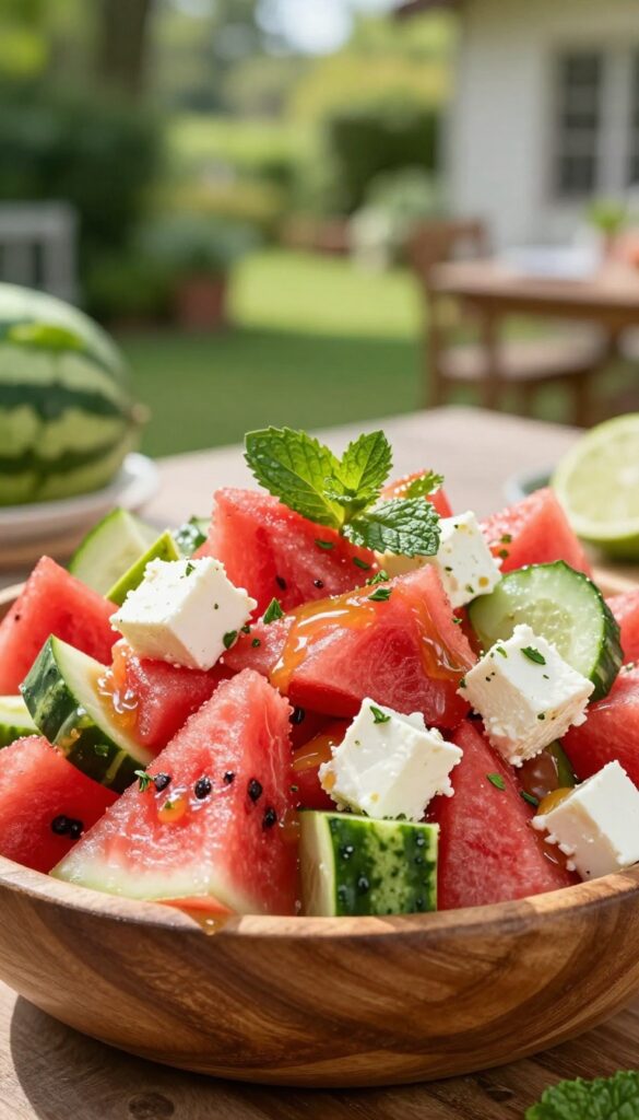 Bowl of cucumber watermelon feta salad with mint and lime dressing