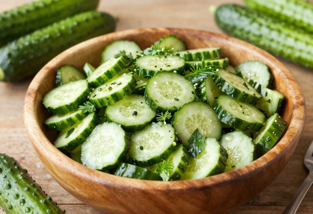 Assorted cucumber salads in a wooden bowl, ready for sharing at a family gathering.