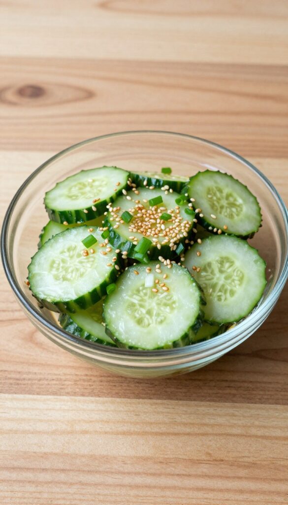 A close-up of a Spicy Asian Cucumber Salad with Sesame, showing crisp cucumbers in a soy-ginger dressing with sesame seeds and green onions, bright and appetizing.