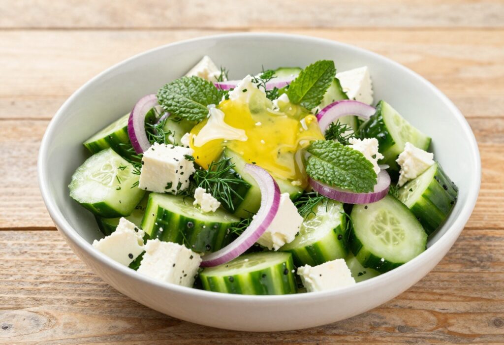 Fresh cucumber feta salad with herbs and lemon dressing in a white bowl