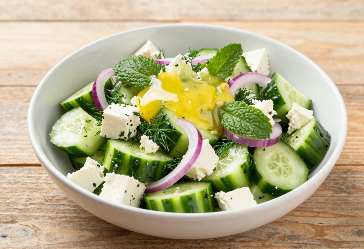Fresh cucumber feta salad with herbs and lemon dressing in a white bowl