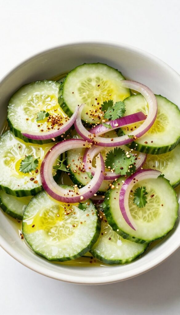 A close-up of a spiced cucumber salad with toasted cumin seeds, showcasing crisp cucumbers, red onion, and cilantro in a ceramic bowl, emphasizing earthy and cozy flavors for a BBQ side dish.
