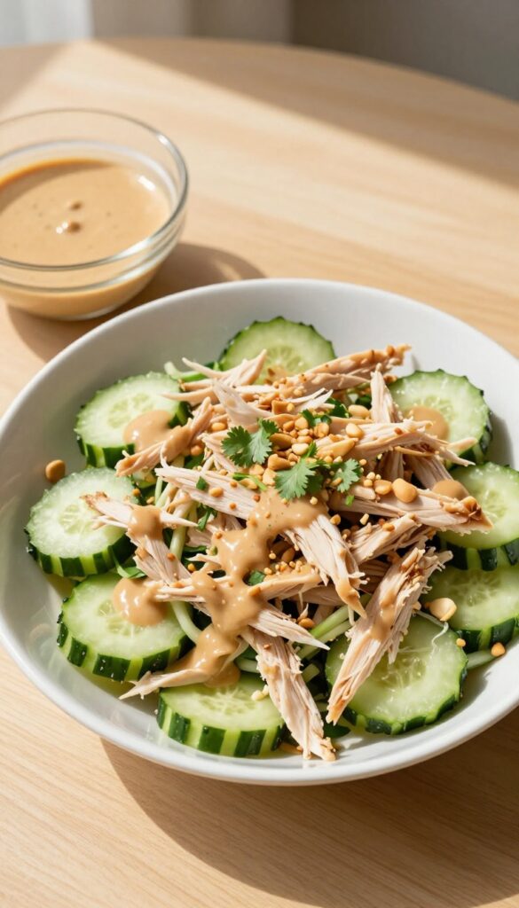 Shredded chicken and cucumber salad with peanut dressing in a white bowl on a wooden table