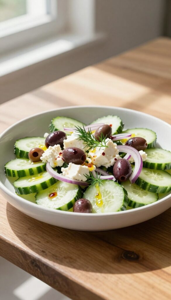 A vibrant Mediterranean-inspired cucumber salad with feta cheese, olives, red onion, and fresh dill in a white bowl on a wooden table.