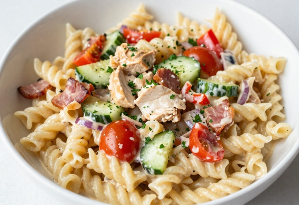 A bowl of creamy chicken ranch pasta salad with bacon and vegetables on a white table.
