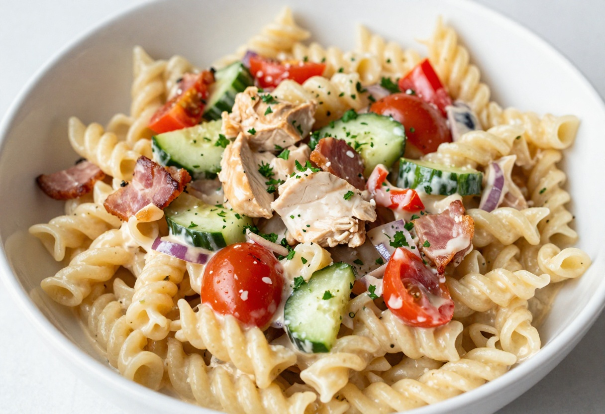 A bowl of creamy chicken ranch pasta salad with bacon and vegetables on a white table.