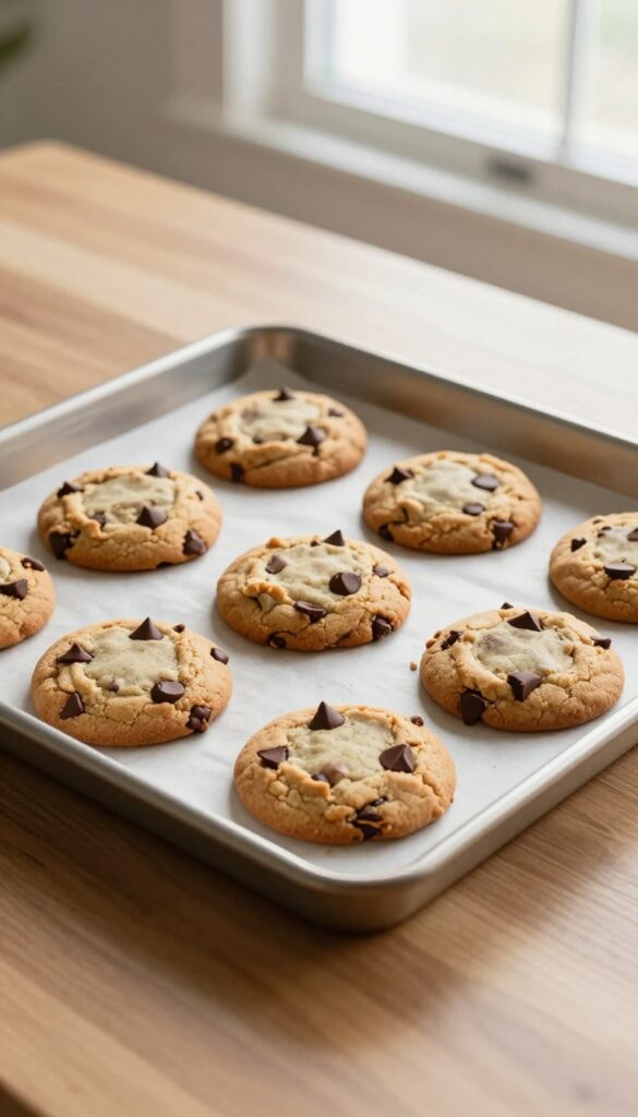 Freshly baked chocolate chip cookies with soft centers and crisp edges on a baking tray in natural light
