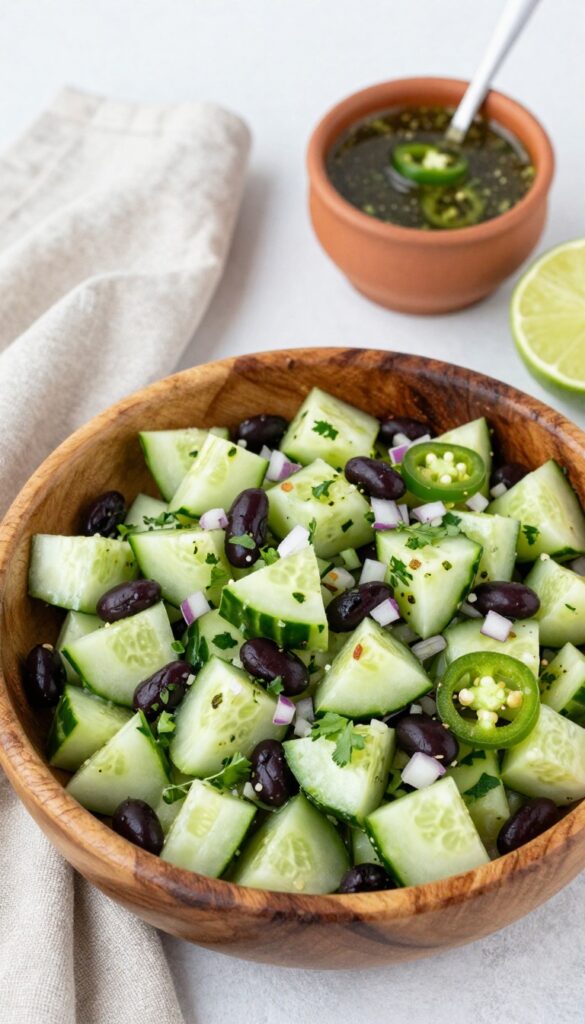 Black bean and cucumber salad with lime-cilantro dressing in a wooden bowl