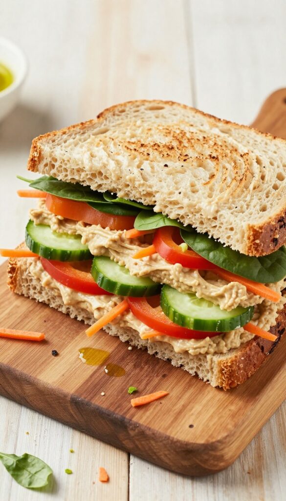 Veggie hummus power sandwich sliced in half on a wooden board