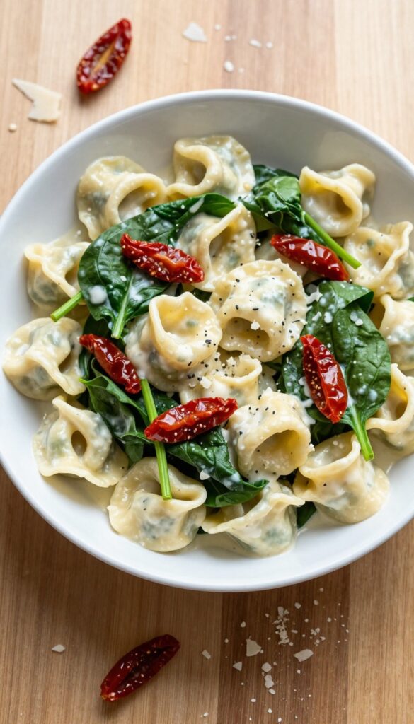 Creamy sun-dried tomato and spinach tortellini pasta salad in a white bowl on a wooden table