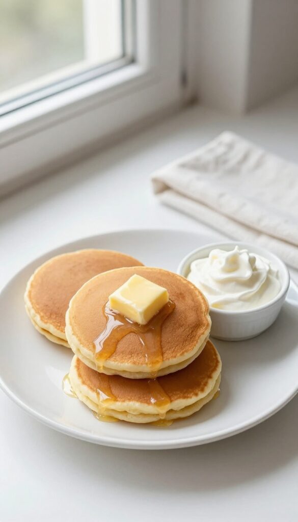Stack of three golden-brown cream cheese pancakes with butter and whipped cream on a white plate