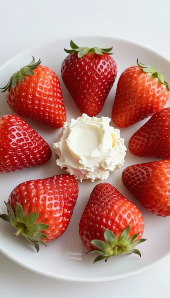 A close-up of cream cheese stuffed strawberries on a white plate, showcasing the creamy filling inside fresh red strawberries in natural light.