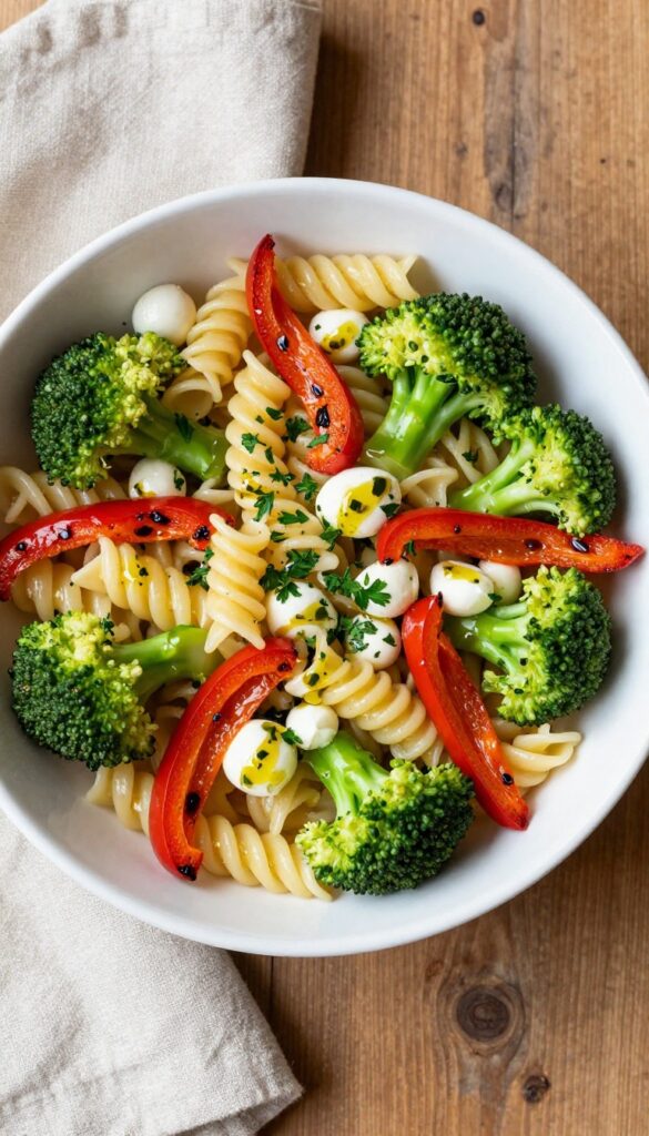 Broccoli pasta salad with roasted red peppers and mozzarella in a white bowl on a wooden table