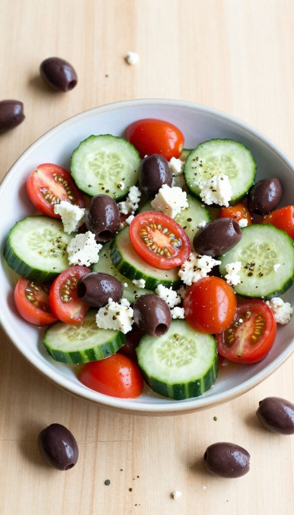 Greek-style cucumber salad with feta and oregano in a ceramic bowl on a wooden table