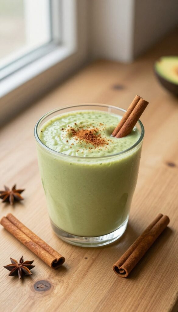 Creamy avocado chai smoothie in a glass mug with cinnamon garnish on a rustic wooden table with avocados and spices.