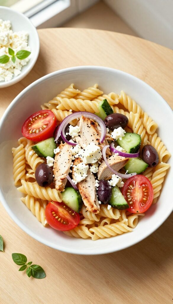 Mediterranean Chicken Pasta Salad with Feta in a white bowl on a wooden table