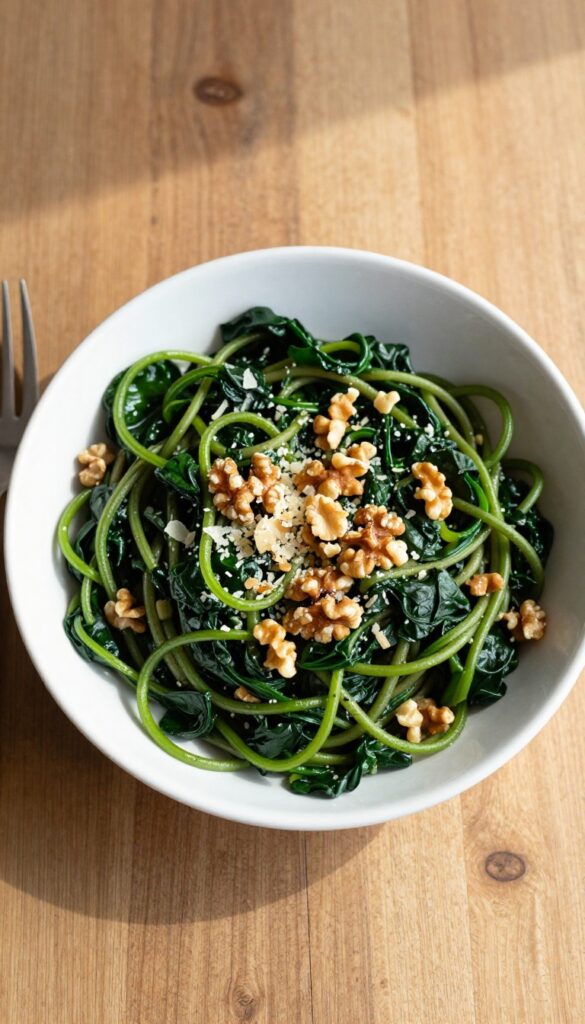 Spinach walnut linguine with Parmesan in a white bowl on a wooden table