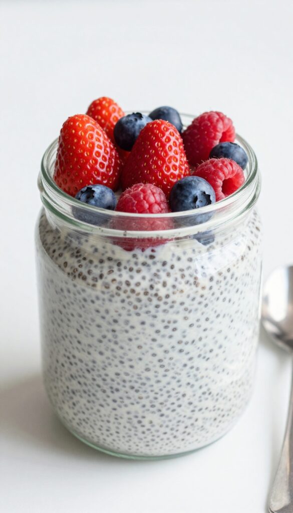 A glass jar of chia seed pudding topped with mixed berries, representing a quick and healthy paleo dessert recipe.