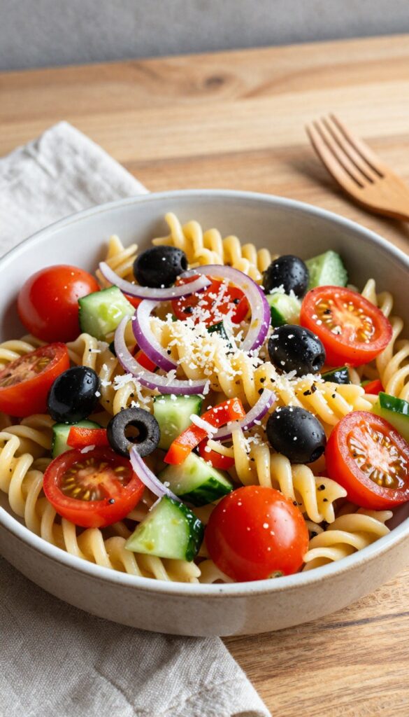 Classic Italian Garden Pasta Salad in a rustic bowl with colorful vegetables and rotini pasta.