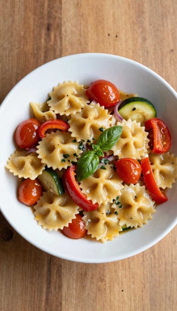 Roasted vegetable pasta salad with basil in a white bowl on a wooden table