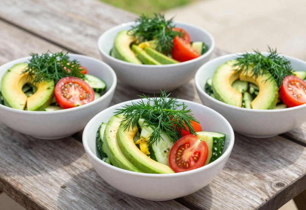 Assortment of cozy cucumber salads in bowls on a wooden table, featuring fresh ingredients like cucumbers, herbs, and colorful vegetables.