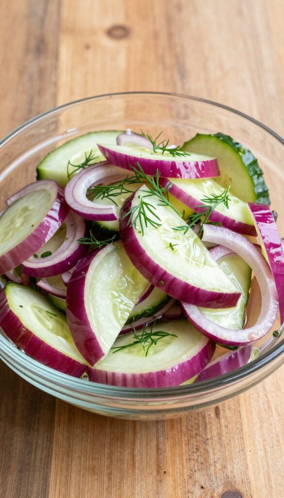 A vibrant cucumber and red onion quick pickle salad in a glass bowl, garnished with fresh dill, ready to serve as a tangy side dish.