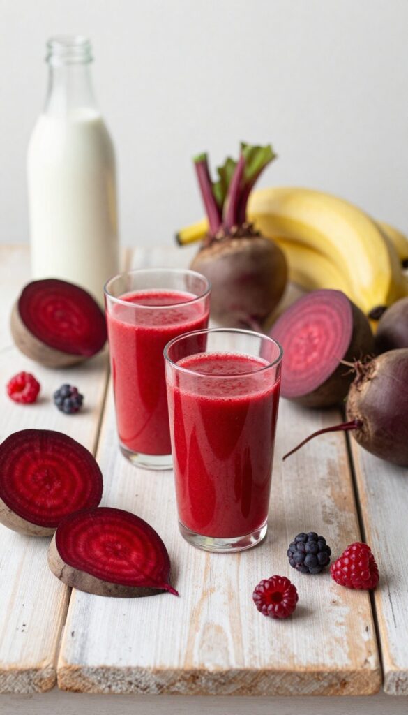 A vibrant red smoothie in a glass with fresh ingredients like beets and berries on a wooden table, representing a dairy-free red velvet beet smoothie recipe.