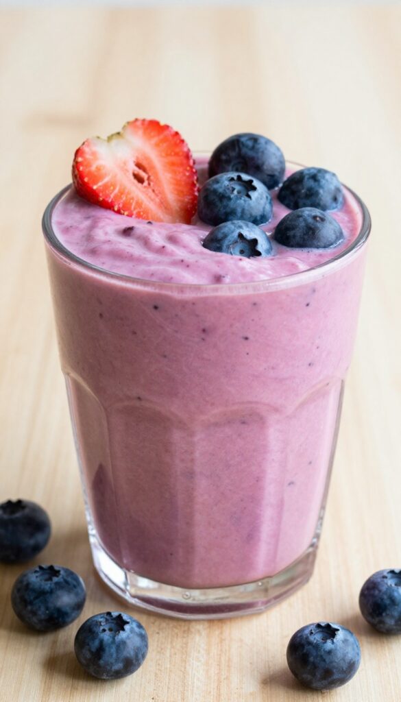A vibrant berry smoothie with Greek yogurt in a glass on a wooden table, garnished with fresh berries.