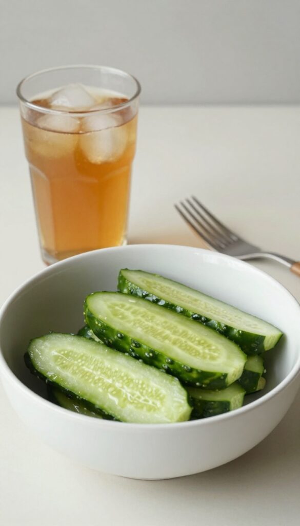 Tangy Pepper Cucumber Salad in a white bowl with fork and iced tea