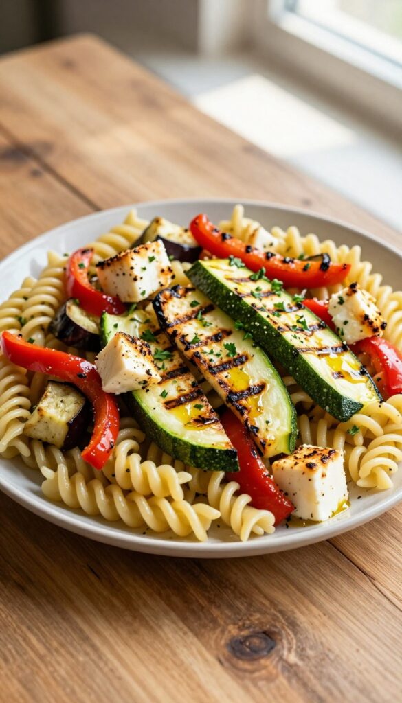 Grilled vegetable and halloumi pasta salad with charred zucchini, bell peppers, eggplant, and golden halloumi cubes on fusilli pasta.