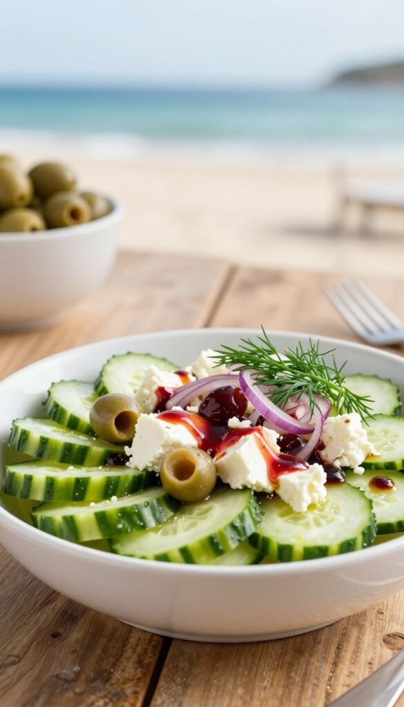 A bright, photorealistic image of a Mediterranean feta and cucumber salad with cucumbers, feta, olives, dill, and red onion in a white bowl on a wooden table, evoking a sunny, comforting seaside feel.