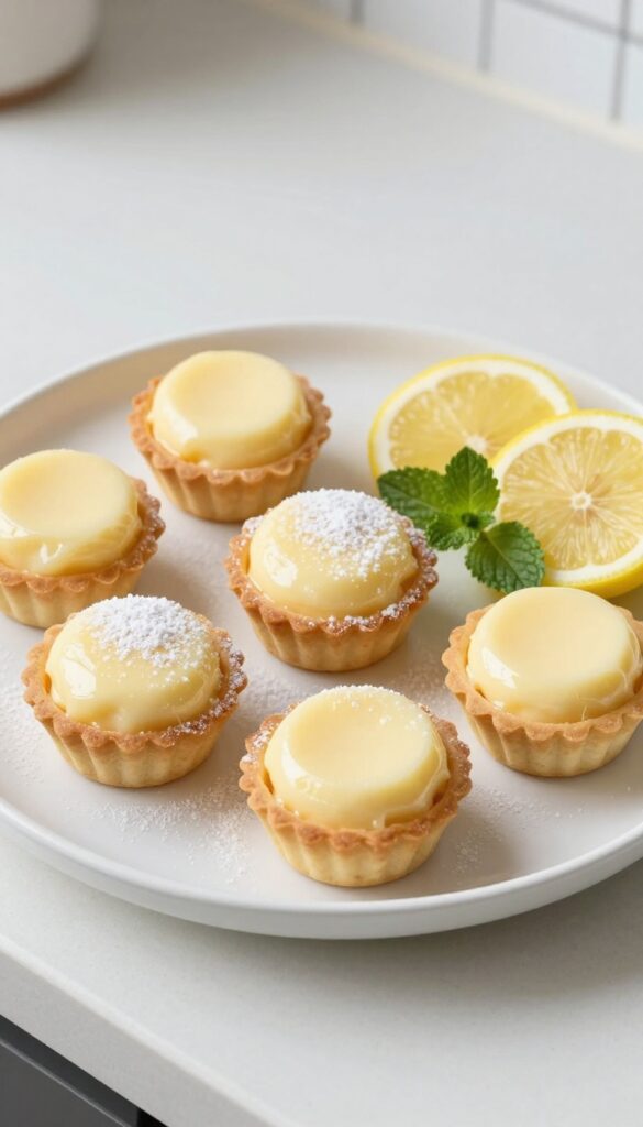 A close-up view of lemon tofu tart cups on a white plate, showcasing their smooth, creamy filling and golden crust in bright natural light, with lemon slices and mint for garnish, ideal for a blog about tofu desserts.