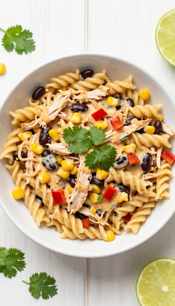 Cold chipotle chicken pasta salad in a white bowl with black beans and corn