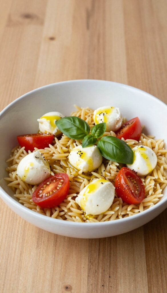 A bowl of tomato basil orzo with melted mozzarella and fresh basil, showcasing a simple and delicious dinner recipe.