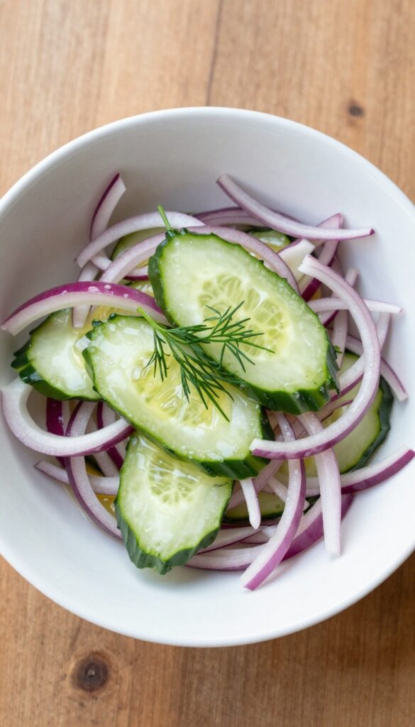 Tangy cucumber and red onion salad in vinegar dressing with fresh dill