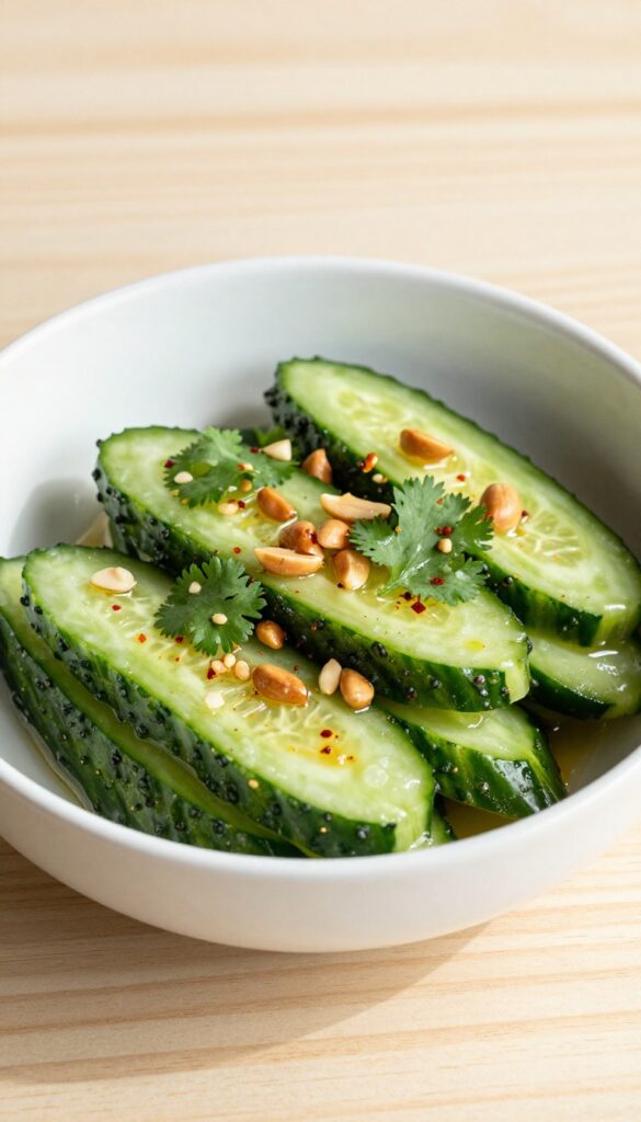 Spicy Thai Peanut Cucumber Salad in a white bowl with peanuts and cilantro