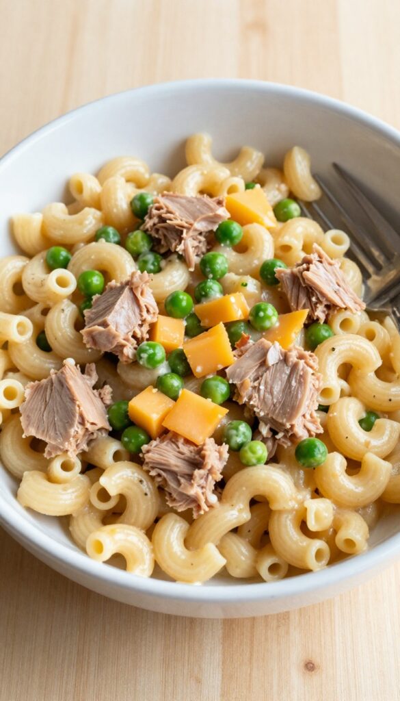 Classic tuna macaroni salad in a white bowl with peas and cheddar cheese cubes