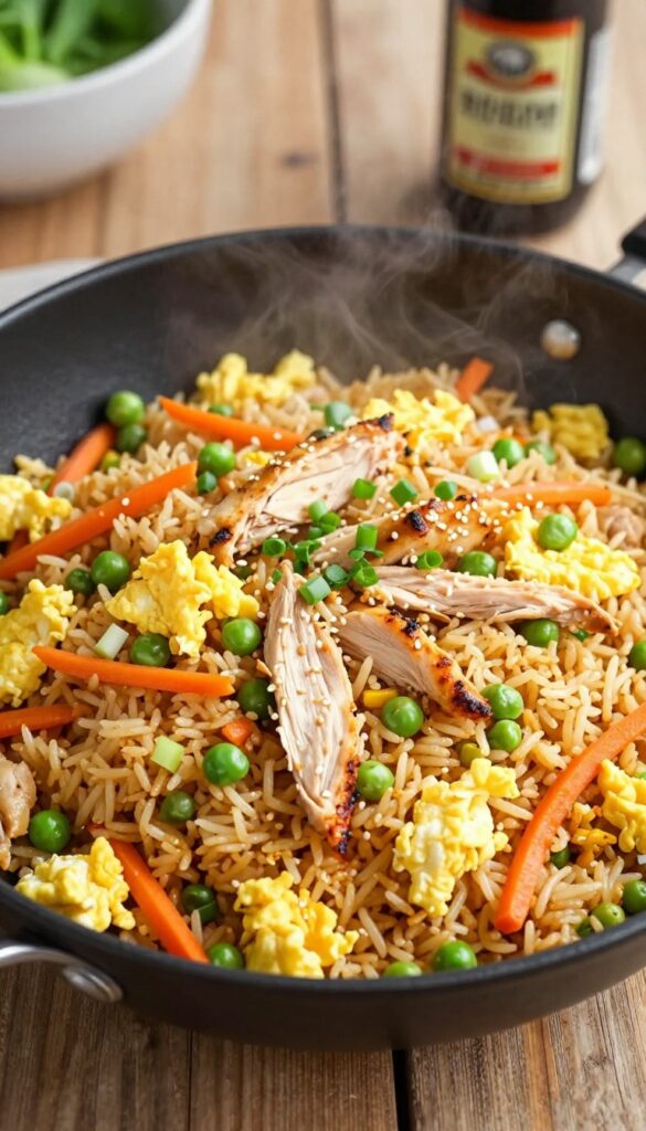 Chicken fried rice in a wok with rotisserie chicken, eggs, peas, carrots, and green onions.
