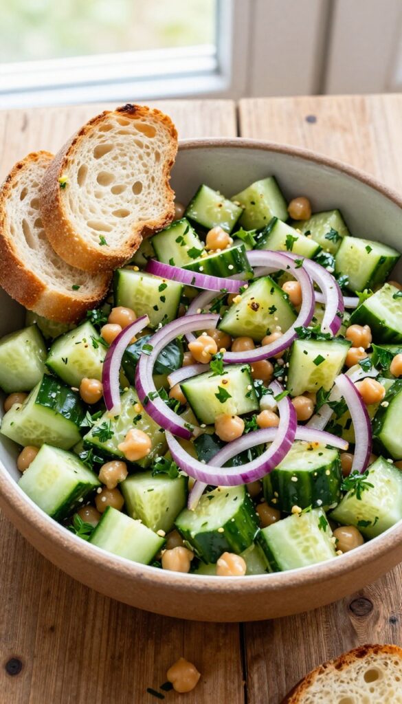 Hearty cucumber and chickpea salad with parsley in a rustic bowl
