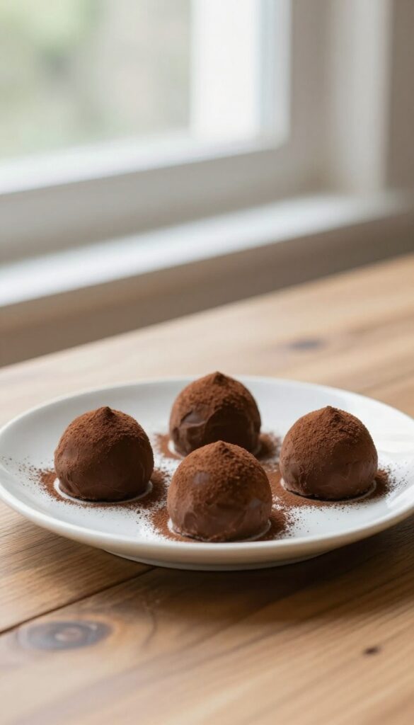 Three homemade chocolate truffles dusted with cocoa powder on a ceramic plate, showcasing an easy, indulgent dessert recipe.